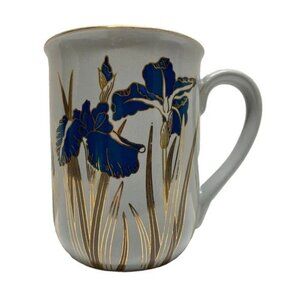 Vintage Otagiri Porcelain Grey Coffee Mug Cup Blue Gold Royal Iris Flowers Japan